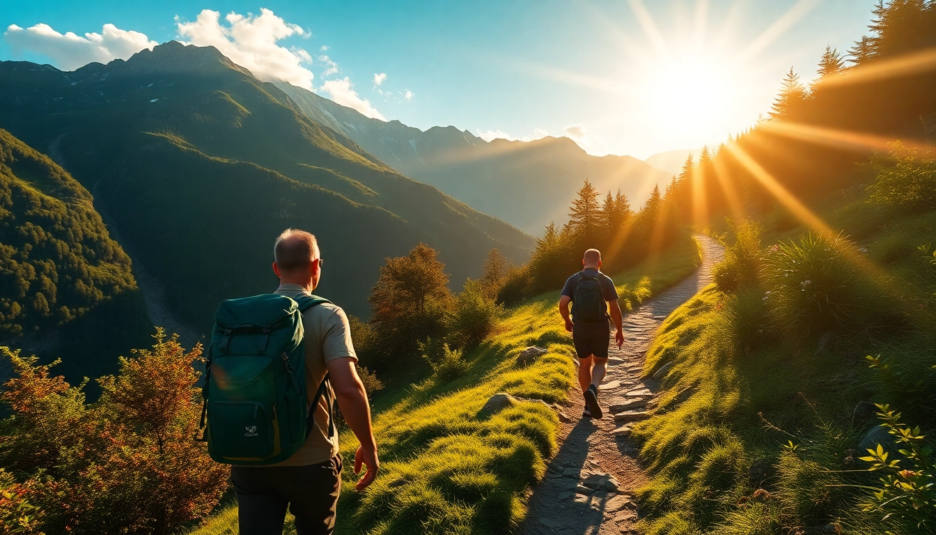 Hiking in Indonesia: Travelers trekking lush mountain trails with backpacks and scenic views