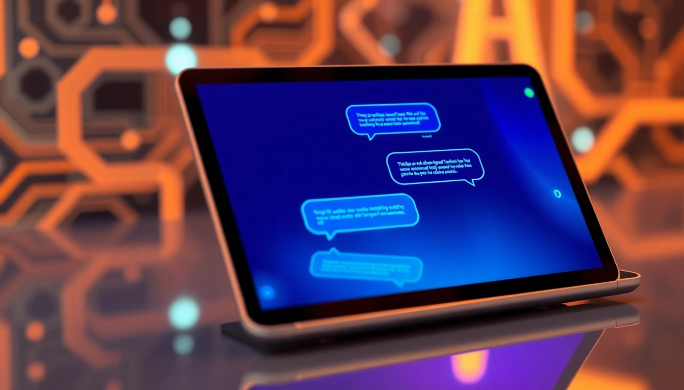 Digital illustration of a futuristic AI chatbot interface on a sleek tablet with glowing text bubbles and a tech-inspired background.