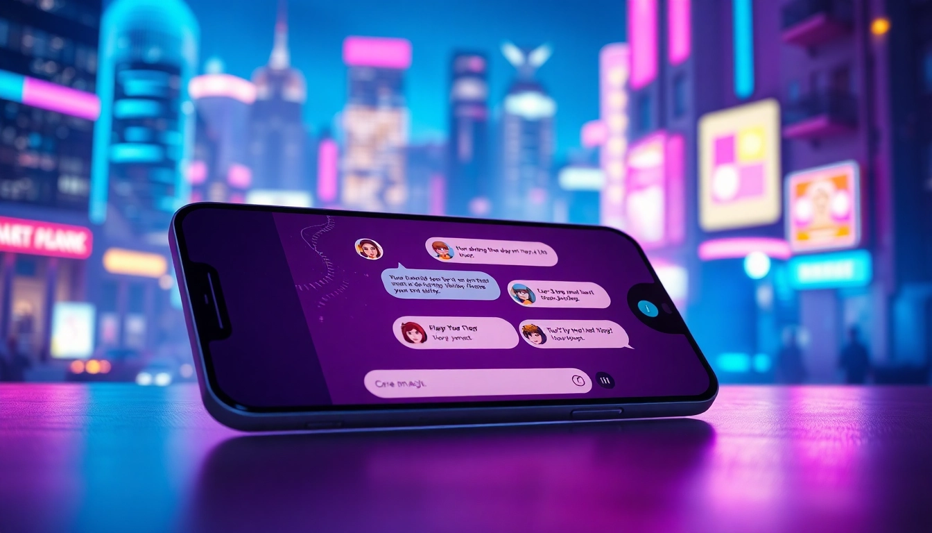 Futuristic chat interface on a device with a neon city background, emphasizing high-tech and engaging conversation atmosphere.