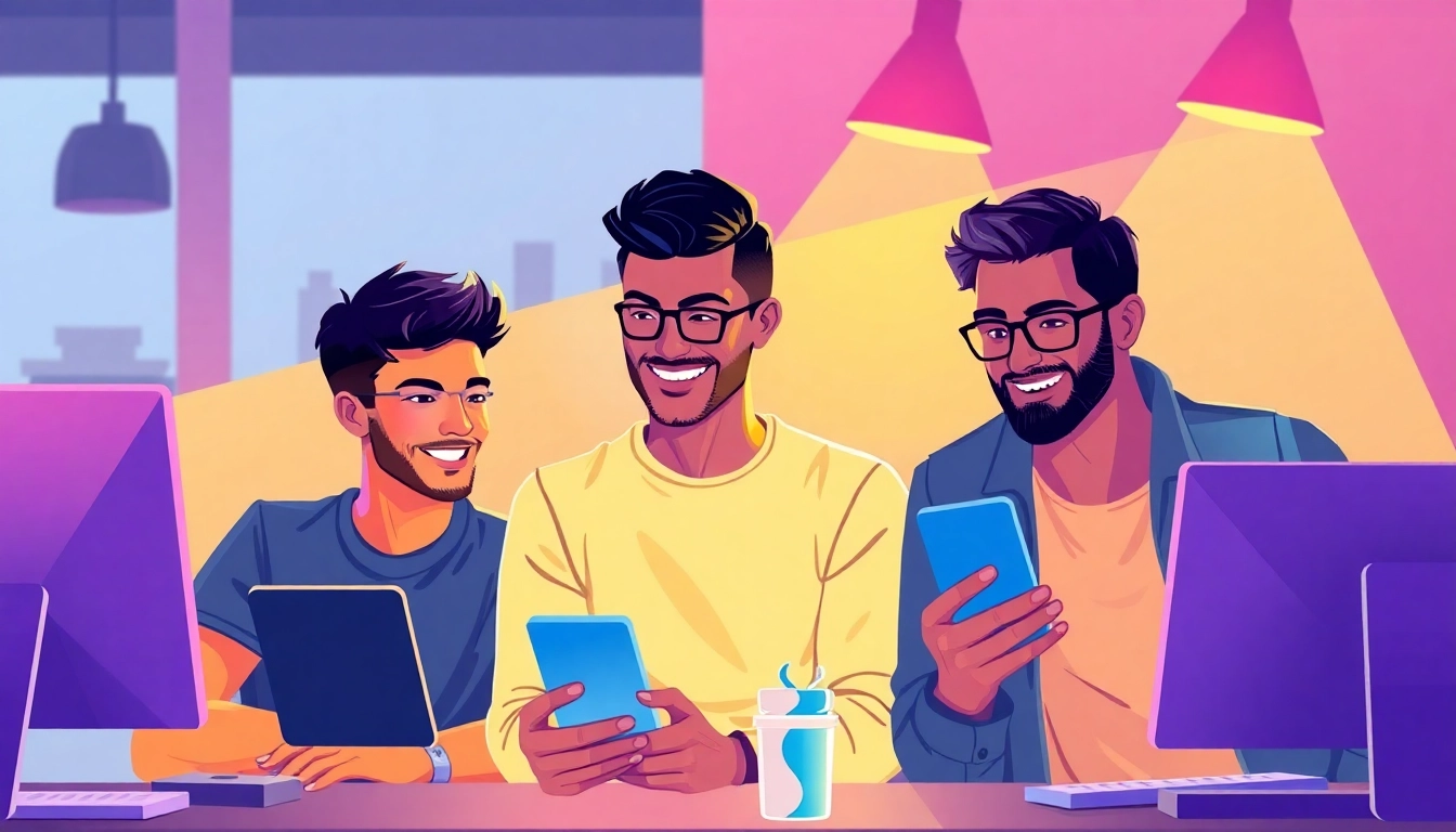 Active gay chat users connecting via smartphones with friendly expressions, emphasizing safe