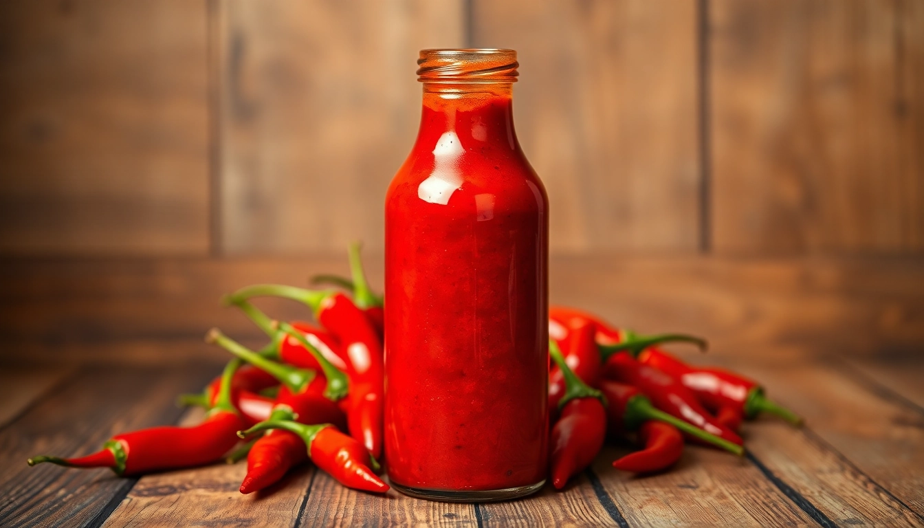 Rich and spicy red chilli sauce poured over fresh red chillies, enticing and vibrant