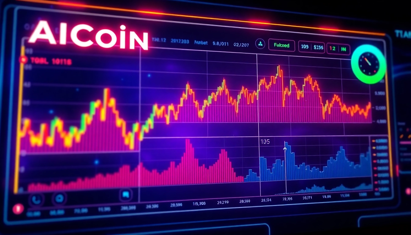 Aicoin market analysis dashboard showing real-time data, charts, and blockchain icons for